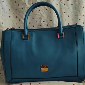 Auth MCM Saffiano Nuovo Blue satchel 2 way bag